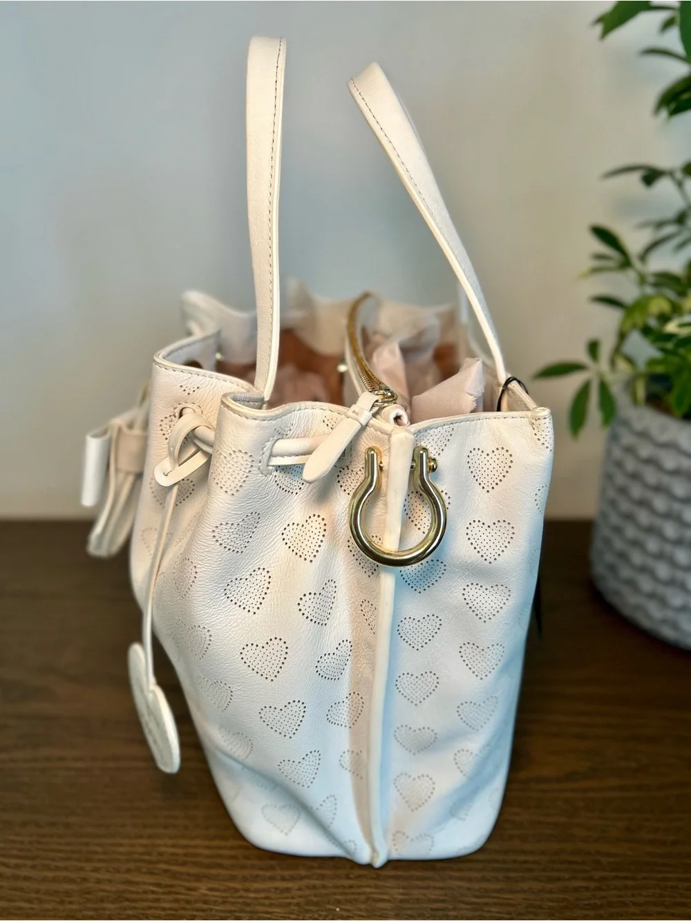 Cole Haan x Rodarte Heart Perforated Leather Bucket Bag White Bow